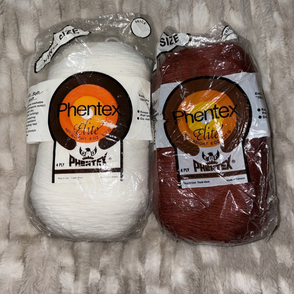 2 VTG King Size Phentex Elite 100% Olefin 4-Ply Knitting Yarn 8 Ounces Each